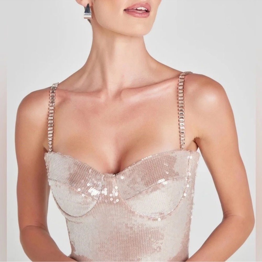 Nadine Merabi Lucinda Champaign Sequin Jumpsuit size 6 cocktail Party Prom - Picture 5 of 12